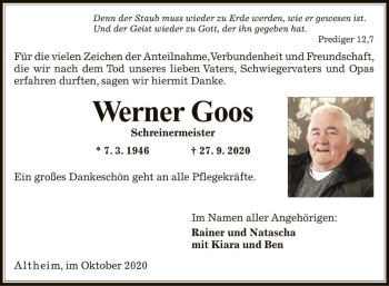 Traueranzeige von Werner Goos von Fränkische Nachrichten