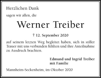 Traueranzeige von Werner Treiber von Mannheimer Morgen