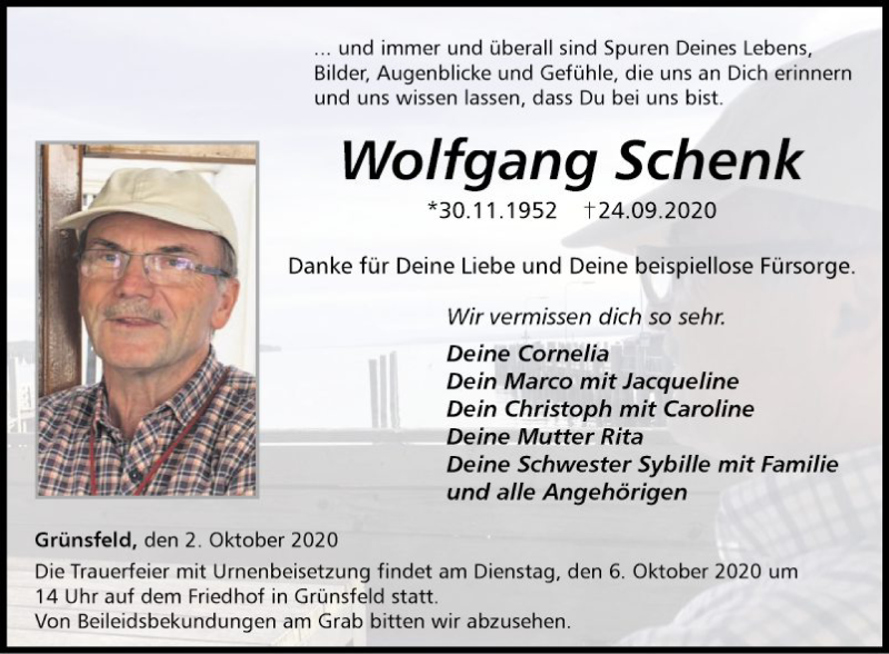  Traueranzeige für Wolfgang Schenk vom 02.10.2020 aus Fränkische Nachrichten