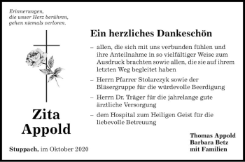 Traueranzeige von Zita Appold von Fränkische Nachrichten