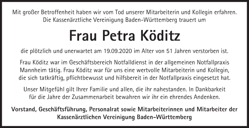  Traueranzeige für Petra Köditz vom 29.09.2020 aus Mannheimer Morgen