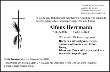 Traueranzeige von Alfons Herrmann von Fränkische Nachrichten