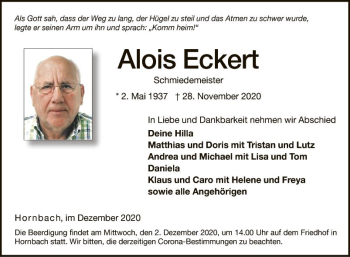 Traueranzeige von Alois Eckert von Fränkische Nachrichten