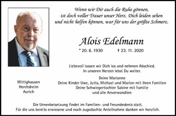 Traueranzeige von Alois Edelmann von Fränkische Nachrichten