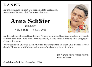 Traueranzeige von Anna Schäfer von Fränkische Nachrichten