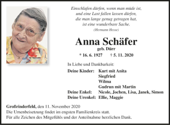 Traueranzeige von Anna Schäfer von Fränkische Nachrichten