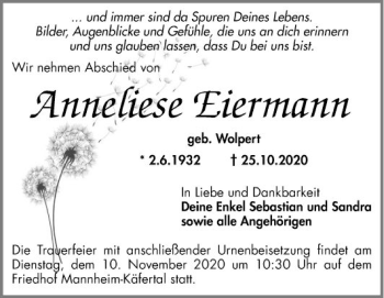 Traueranzeige von Anneliese Eiermann von Mannheimer Morgen