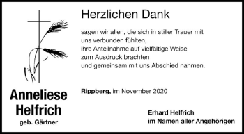 Traueranzeige von Anneliese Helfrich von Fränkische Nachrichten