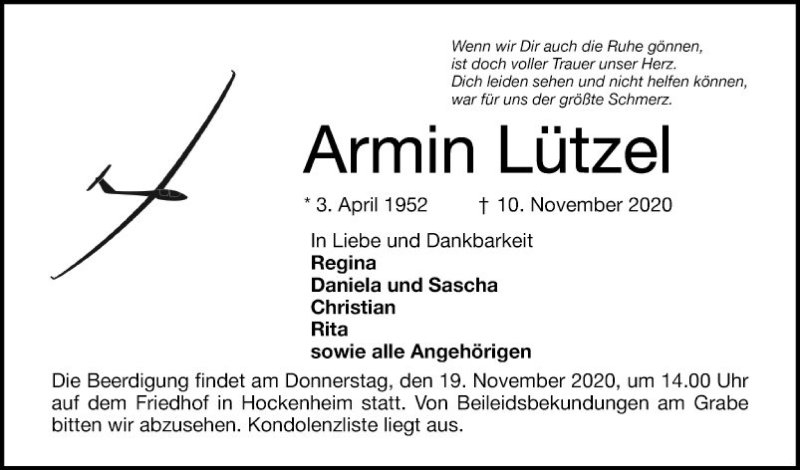  Traueranzeige für Armin Lützel vom 16.11.2020 aus Schwetzinger Zeitung