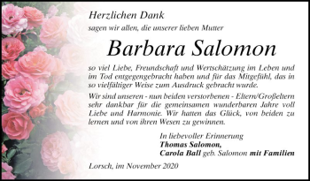 Traueranzeige von Barbara Salomon von Bergsträßer Anzeiger