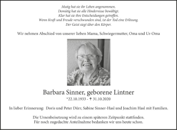 Traueranzeige von Barbara Sinner von Fränkische Nachrichten