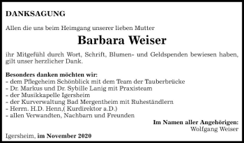 Traueranzeige von Barbara Weiser von Fränkische Nachrichten