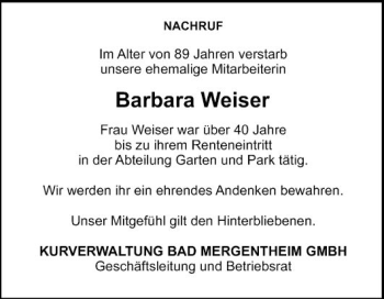 Traueranzeige von Barbara Weiser von Fränkische Nachrichten