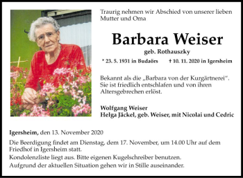 Traueranzeige von Barbara Weiser von Fränkische Nachrichten