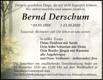 Traueranzeige von Bernd Derschum von Mannheimer Morgen