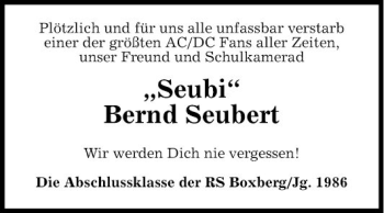 Traueranzeige von Bernd Seubert von Fränkische Nachrichten