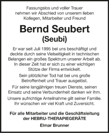 Traueranzeige von Bernd Seubert von Fränkische Nachrichten