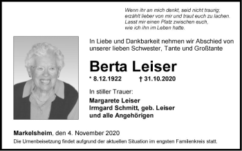 Traueranzeige von Berta Leiser von Fränkische Nachrichten