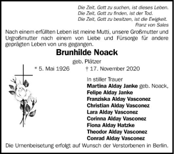 Traueranzeige von Brunhilde Noack von Mannheimer Morgen