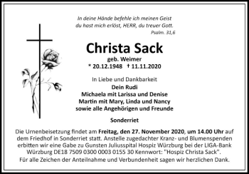 Traueranzeige von Christa Sack von Fränkische Nachrichten