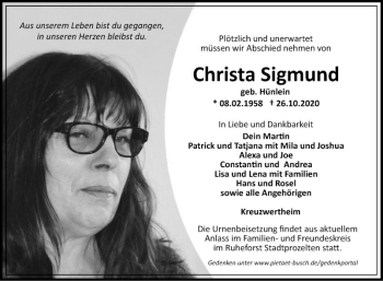 Traueranzeige von Christa Sigmund von Fränkische Nachrichten