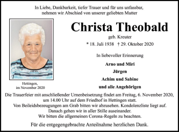 Traueranzeige von Christa Theobald von Fränkische Nachrichten