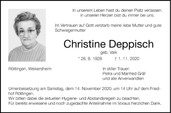 Traueranzeige von Christine Deppisch von Fränkische Nachrichten