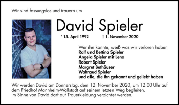 Traueranzeige von David Spieler von Mannheimer Morgen