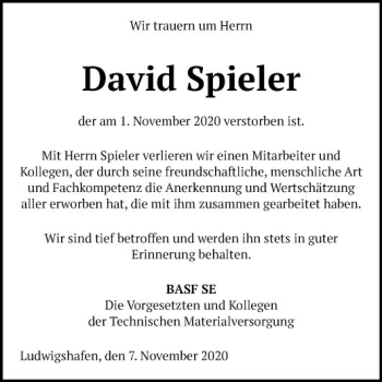 Traueranzeige von David Spieler von Mannheimer Morgen