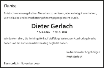 Traueranzeige von Dieter Gerlach von Fränkische Nachrichten