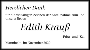 Traueranzeige von Edith Krauß von Mannheimer Morgen