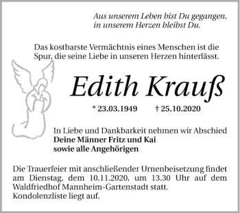 Traueranzeige von Edith Krauß von Mannheimer Morgen