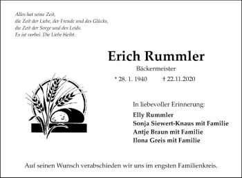 Traueranzeige von Erich Rummler von Fränkische Nachrichten