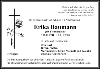 Traueranzeige von Erika Baumann von Fränkische Nachrichten