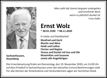 Traueranzeige von Ernst Wolz von Fränkische Nachrichten