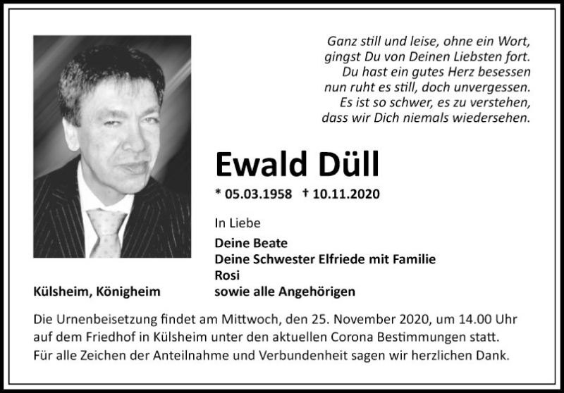  Traueranzeige für Ewald Düll vom 14.11.2020 aus Fränkische Nachrichten