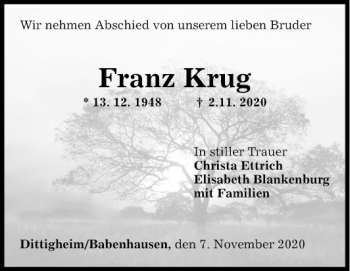 Traueranzeige von Franz Krug von Fränkische Nachrichten