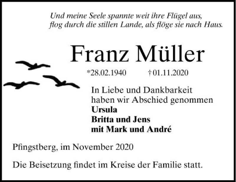  Traueranzeige für Franz Müller vom 14.11.2020 aus Mannheimer Morgen