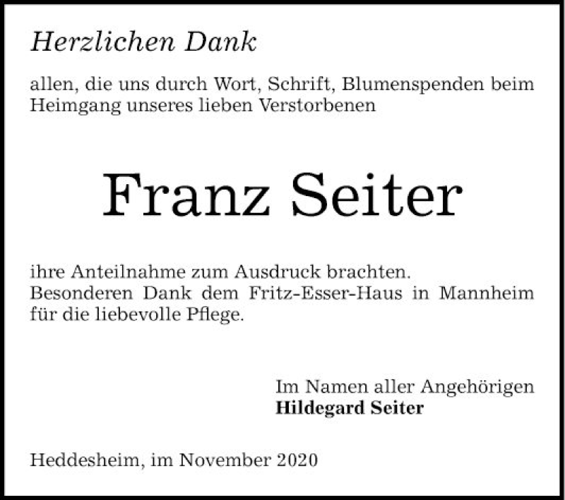  Traueranzeige für Franz Seiter vom 14.11.2020 aus Mannheimer Morgen