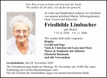 Traueranzeige von Friedhilde Limbacher von Fränkische Nachrichten