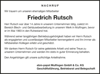 Traueranzeige von Friedrich Rutsch von Fränkische Nachrichten