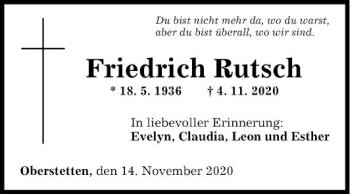 Traueranzeige von Friedrich Rutsch von Fränkische Nachrichten