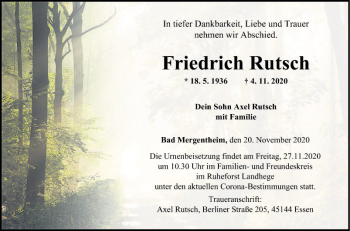 Traueranzeige von Friedrich Rutsch von Fränkische Nachrichten