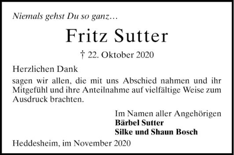  Traueranzeige für Fritz Sutter vom 14.11.2020 aus Mannheimer Morgen