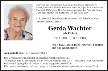 Traueranzeige von Gerda Wachter von Fränkische Nachrichten