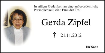 Traueranzeige von Gerda Zipfel von Mannheimer Morgen