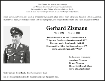 Traueranzeige von Gerhard Zizmann von Fränkische Nachrichten