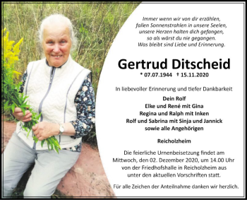 Traueranzeige von Gertrud Ditscheid von Fränkische Nachrichten