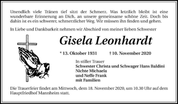 Traueranzeige von Gisela Leonhardt von Mannheimer Morgen