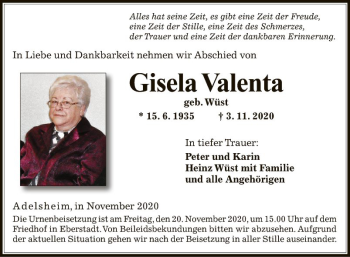 Traueranzeige von Gisela Valenta von Fränkische Nachrichten